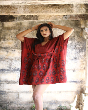 Red Handwoven Cotton Linen Short Handprinted Caftan