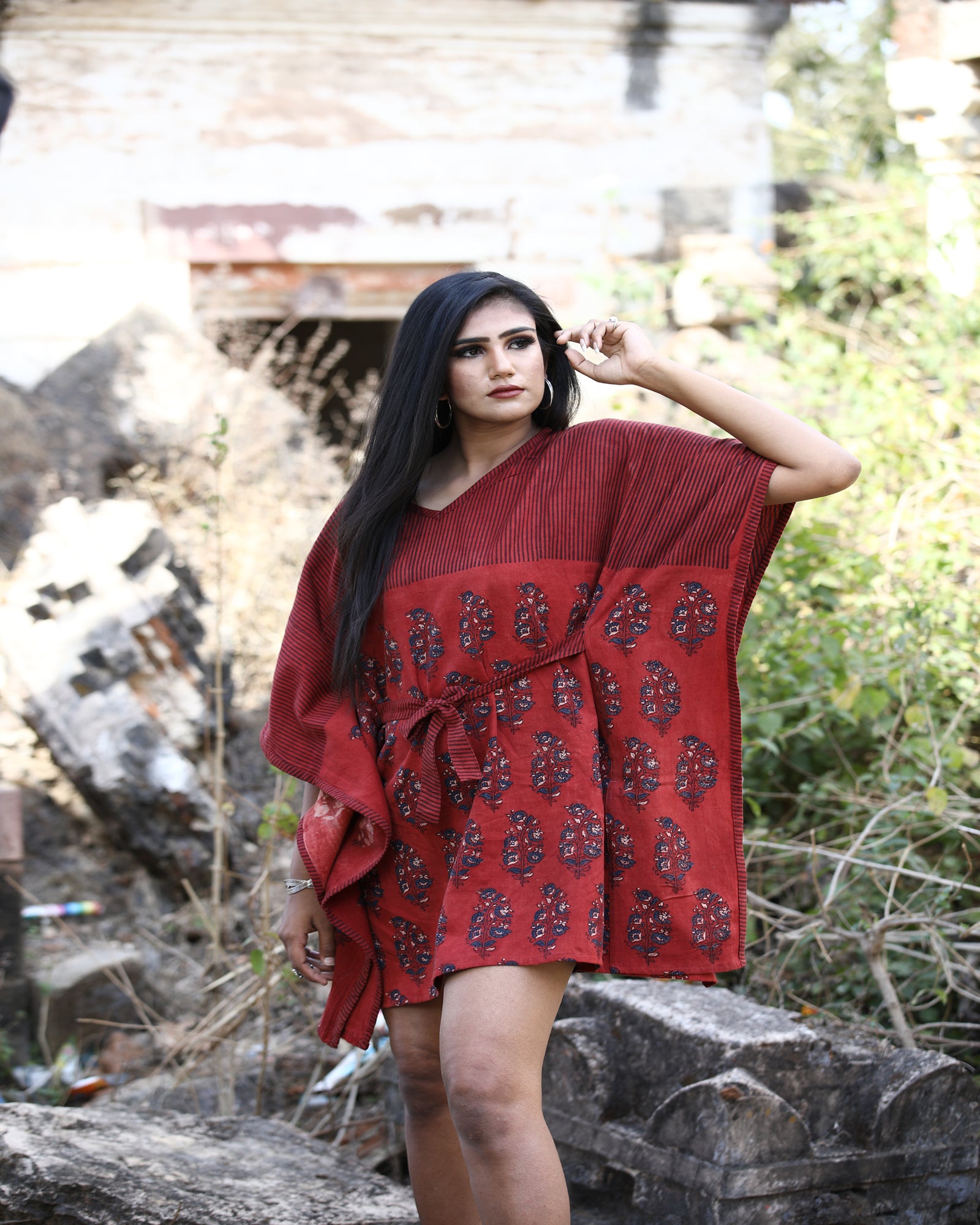 Red Handwoven Cotton Linen Short Handprinted Caftan