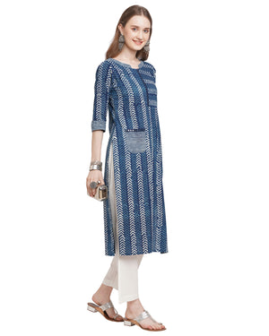 Indigo blue cotton kurta with pockets & mirrorwork