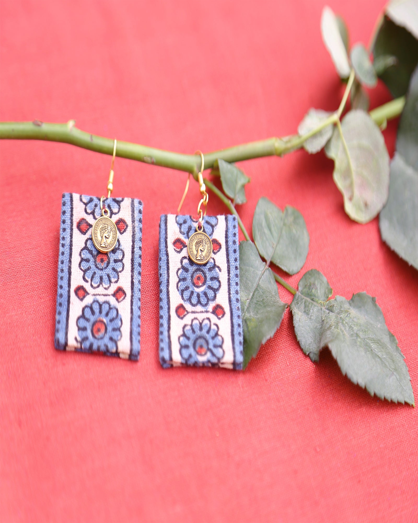 Cream Blue Trendy Floral Dangler Earrings