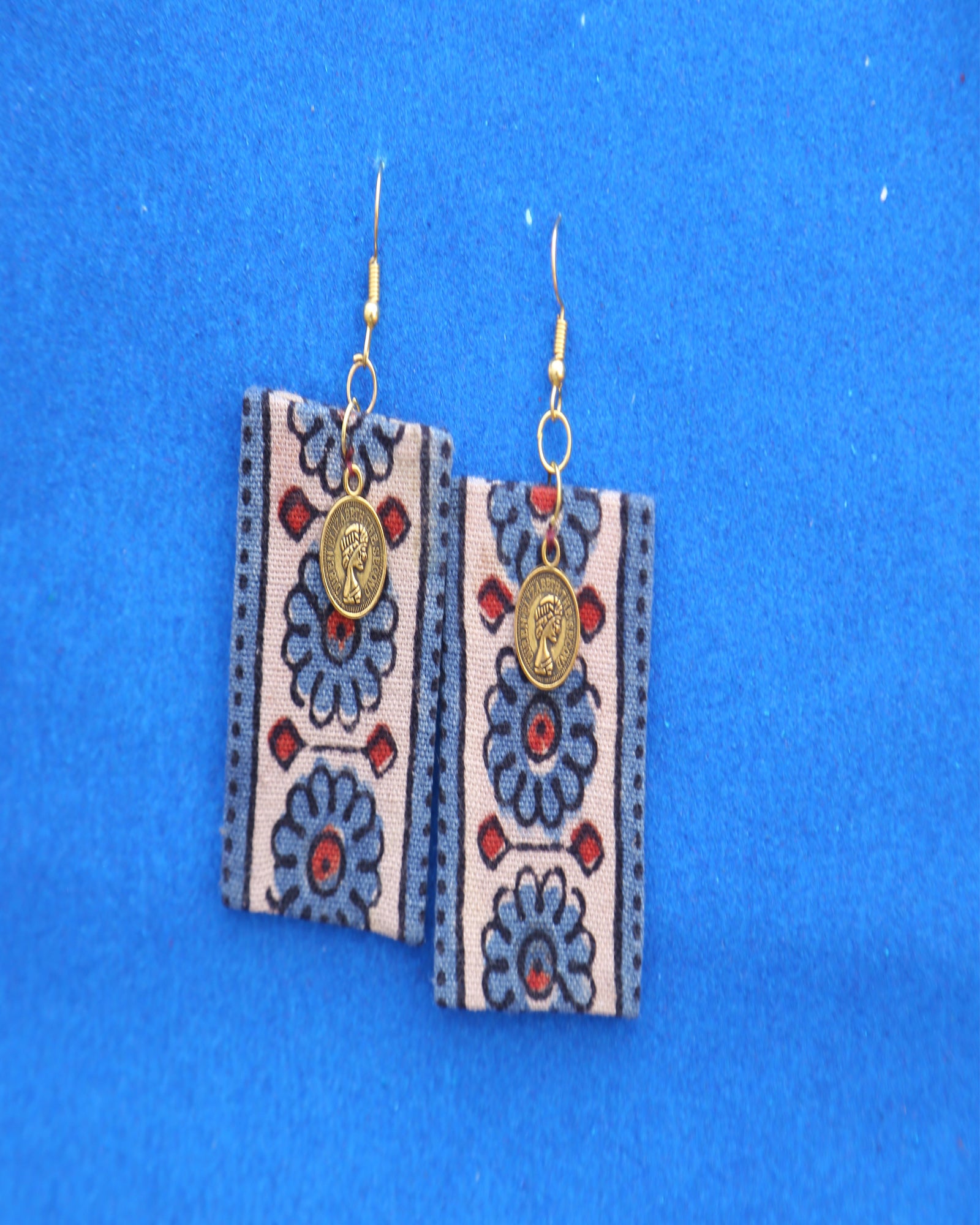 Cream Blue Trendy Floral Dangler Earrings