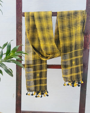 Yellow Black Plaid Organic Handloom Cotton Stole